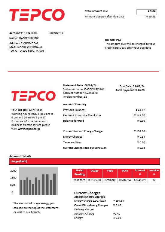Japan Tokyo Electric Power Company electricity business utility bill template in Word and PDF format